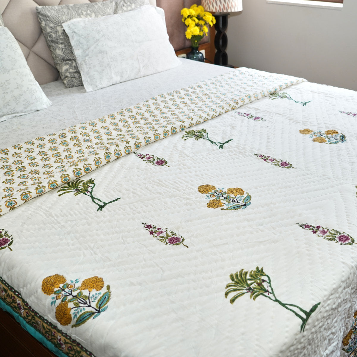 Botanical Bliss Reversible Hand Block Printed Cotton Quilt