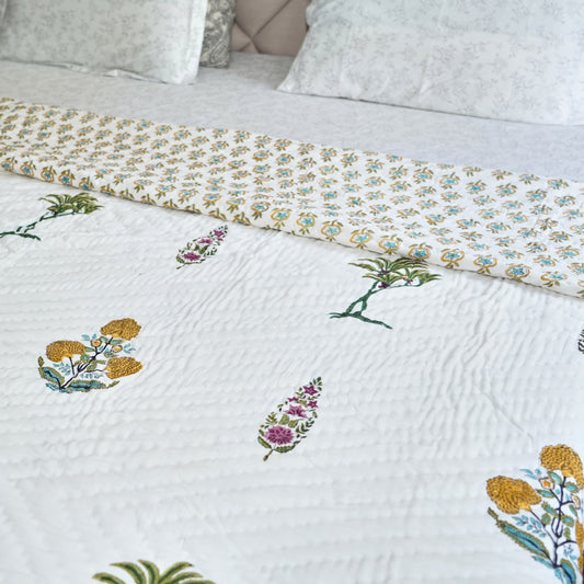 Botanical Bliss Reversible Hand Block Printed Cotton Quilt