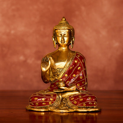 Brass Buddha Statue, 8", Antique Polished with Stonework