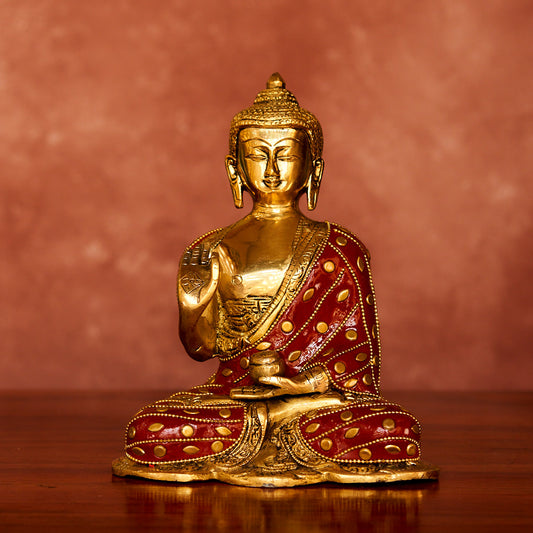 Brass Buddha Statue, 8", Antique Polished with Stonework