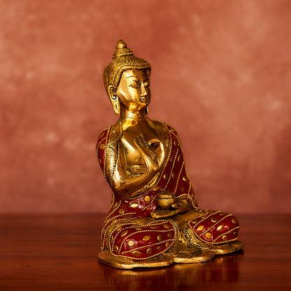 Brass Buddha Statue, 8", Antique Polished with Stonework