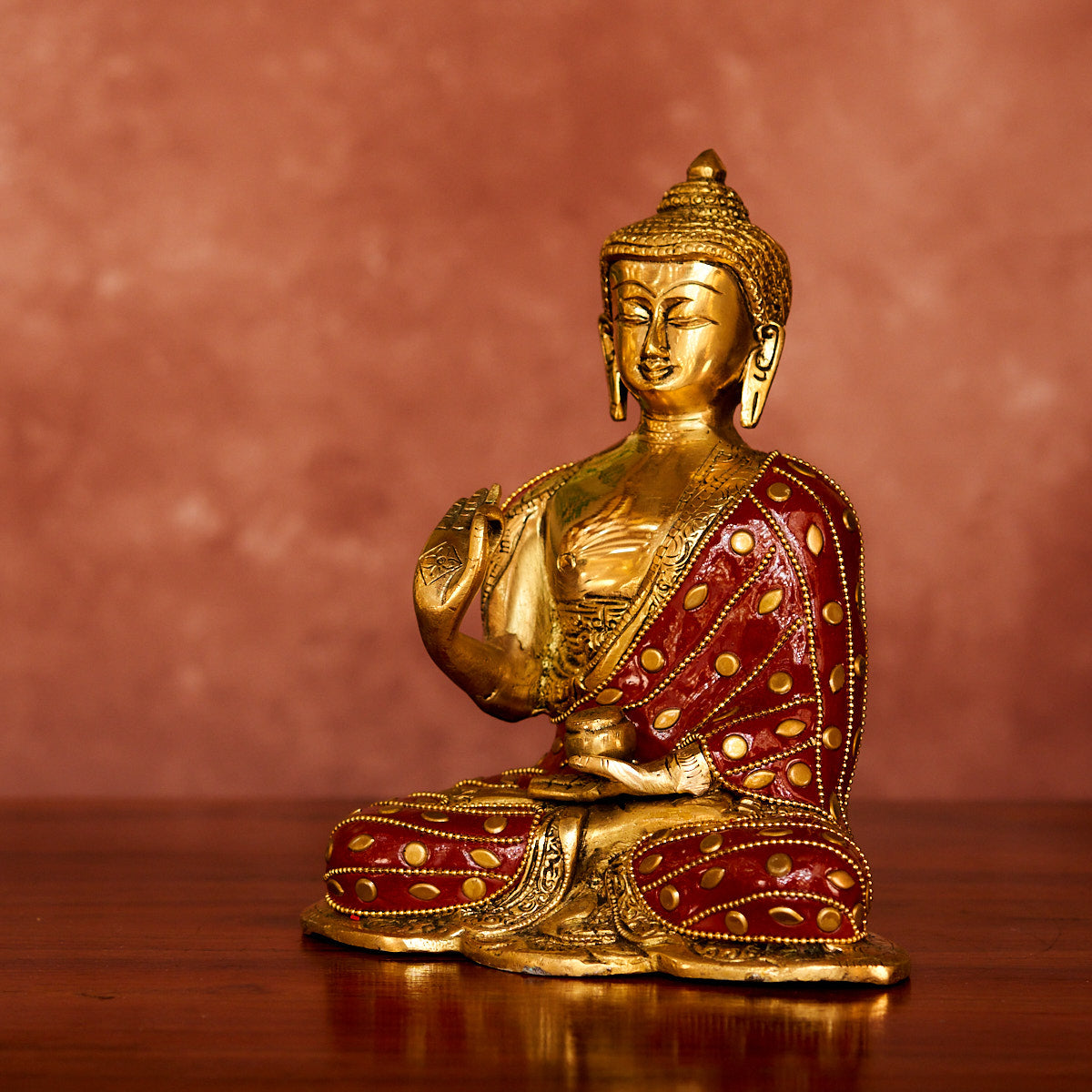 Brass Buddha Statue, 8", Antique Polished with Stonework