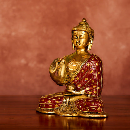 Brass Buddha Statue, 8", Antique Polished with Stonework
