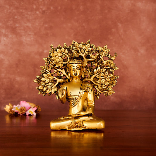 Brass Buddha Statue with Kalpavriksha, 7", Antique Polished