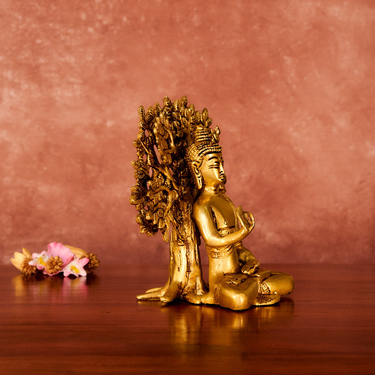 Brass Buddha Statue with Kalpavriksha, 7", Antique Polished
