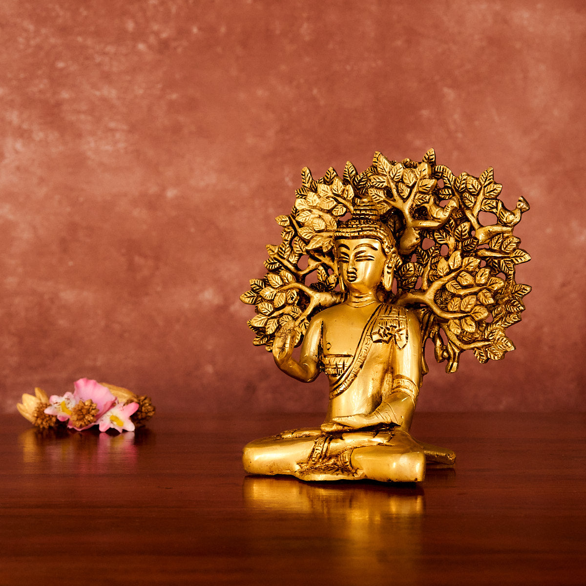 Brass Buddha Statue with Kalpavriksha, 7", Antique Polished