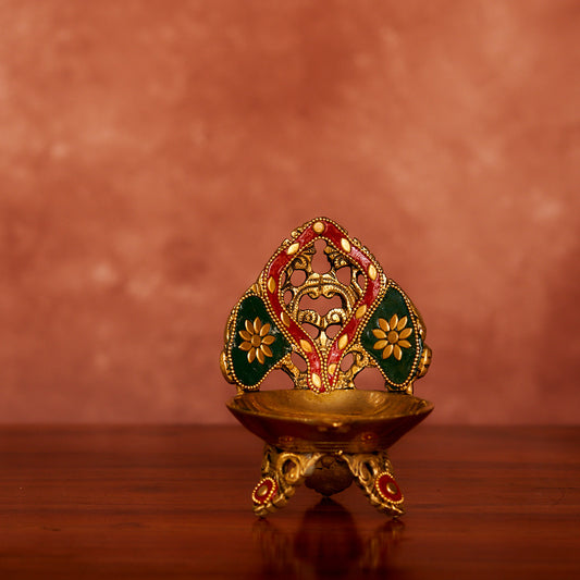 Brass Diya 5" with Antique Polish and Stonework