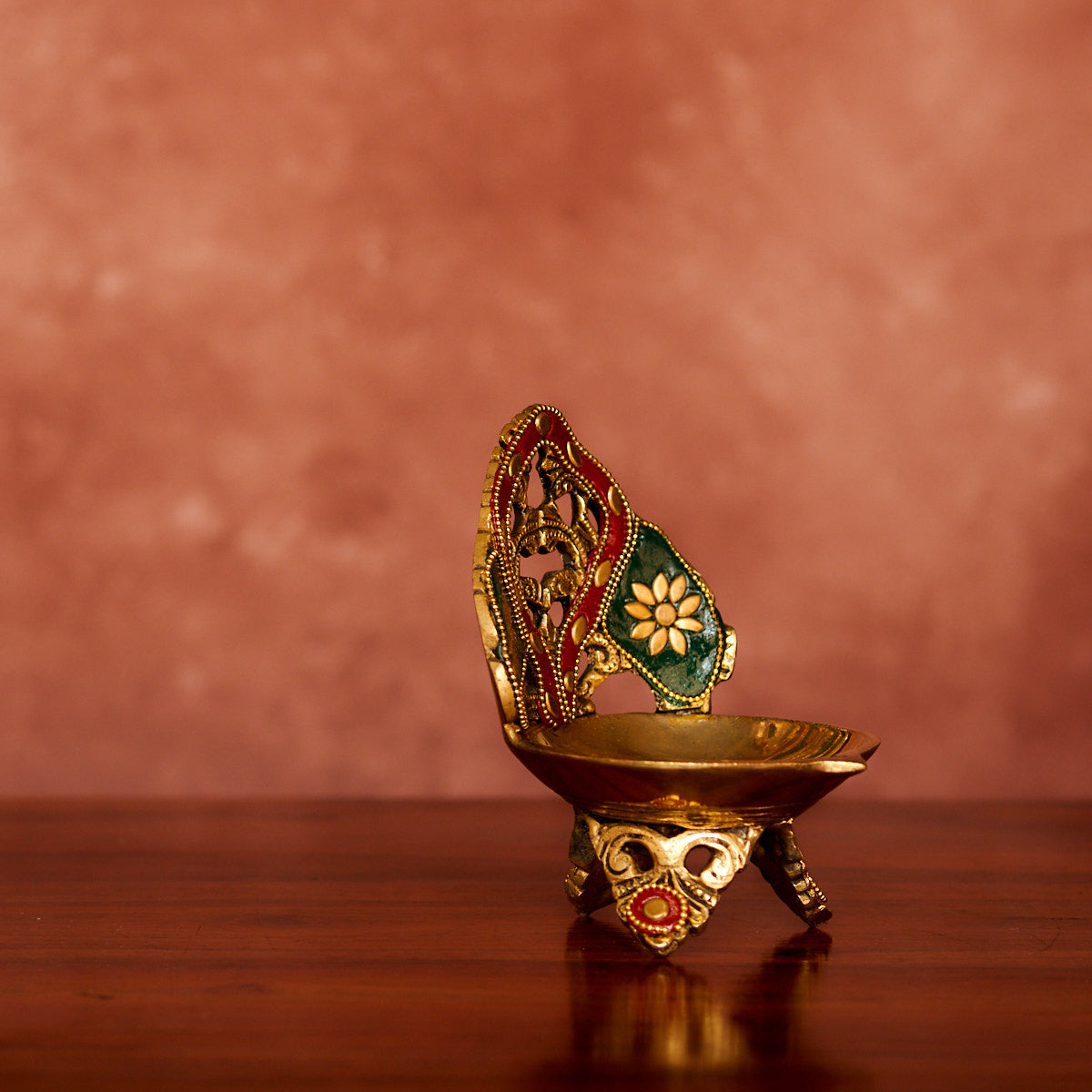 Brass Diya 5" with Antique Polish and Stonework