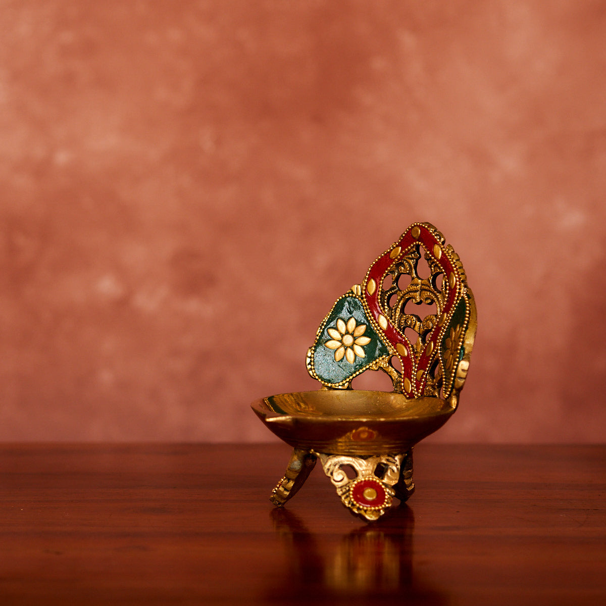 Brass Diya 5" with Antique Polish and Stonework