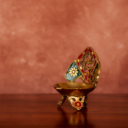Brass Diya 5" with Antique Polish and Stonework