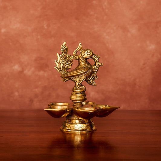 Brass Peacock Panch Diya 5.5" with Antique Polish