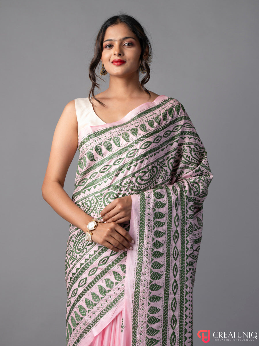 Careys Pink-Green Kantha Embroidered Pure Silk Saree