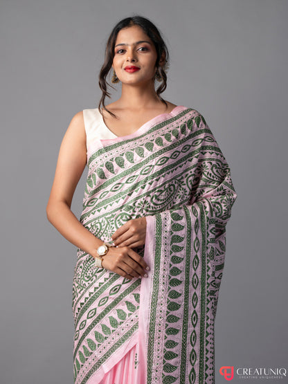 Careys Pink-Green Kantha Embroidered Pure Silk Saree