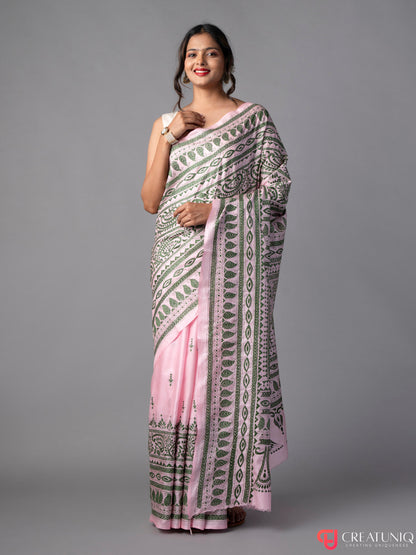 Careys Pink-Green Kantha Embroidered Pure Silk Saree