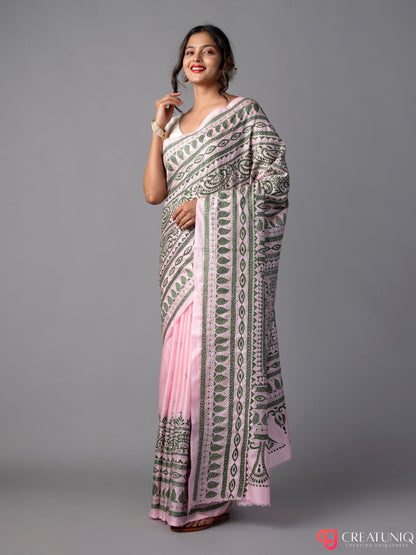 Careys Pink-Green Kantha Embroidered Pure Silk Saree