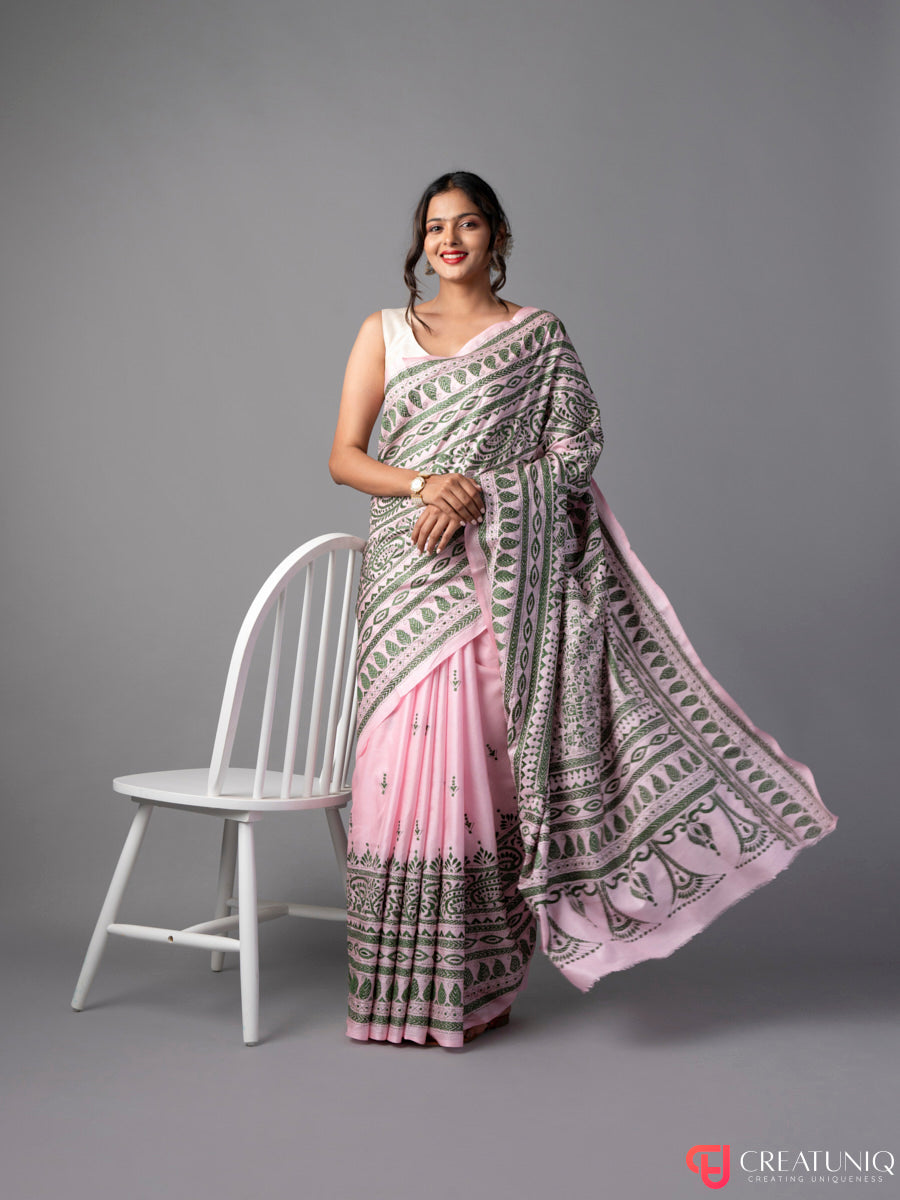 Careys Pink-Green Kantha Embroidered Pure Silk Saree