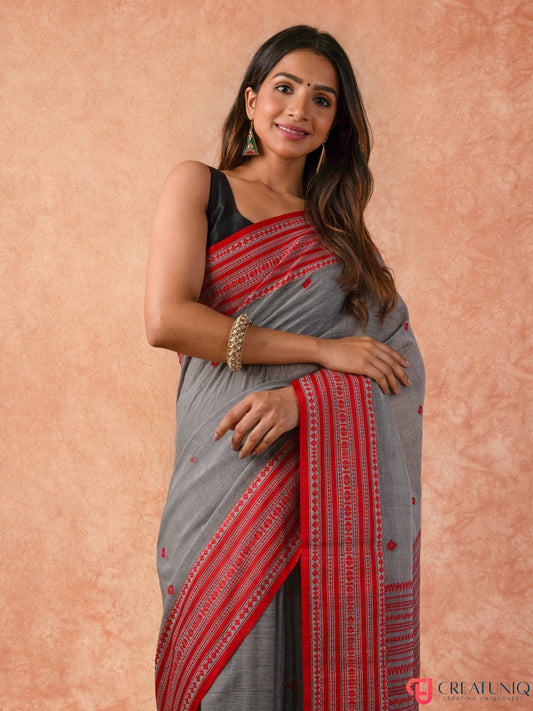Classic Red Border Bengal Handloom Pure Cotton Saree – Grey