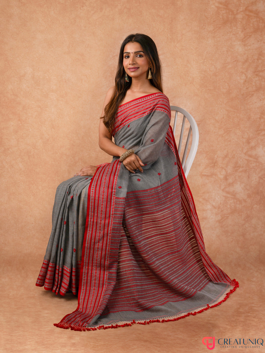 Classic Red Border Bengal Handloom Pure Cotton Saree – Grey
