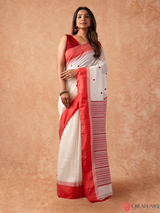 Classic Red Border Bengal Handloom Pure Cotton Saree – Off White