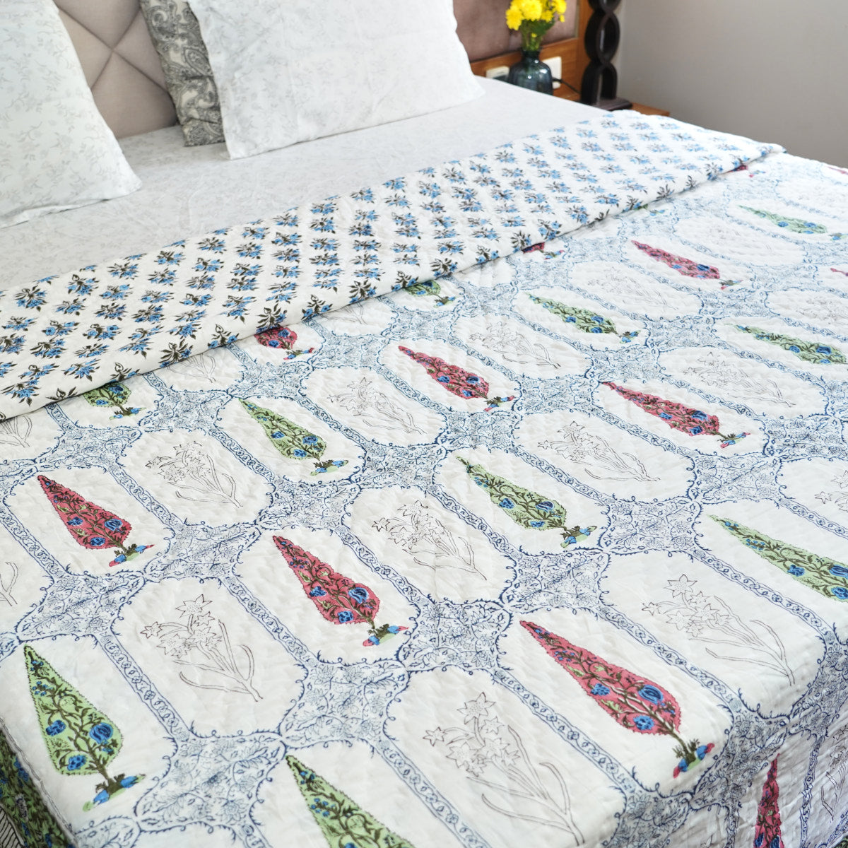 Colorful Cypress Reversible Hand Block Printed Cotton Quilt