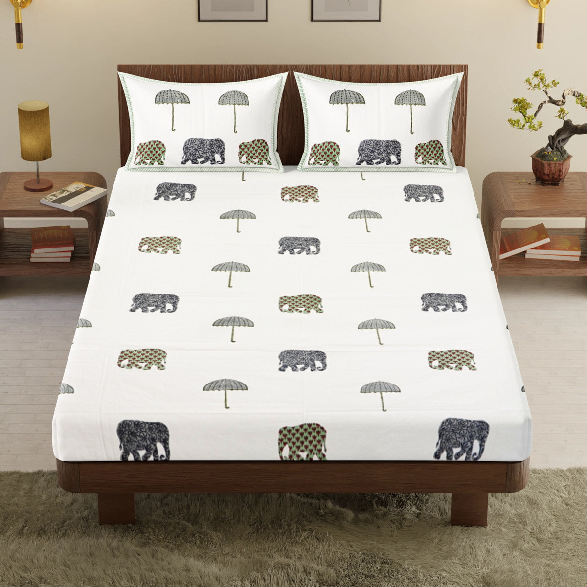 Colorful Elephant Hand Block Printed Cotton Bedsheet