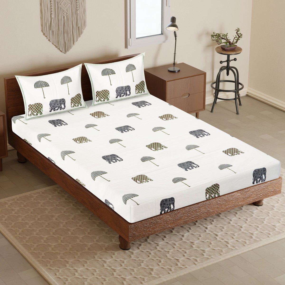 Colorful Elephant Hand Block Printed Cotton Bedsheet