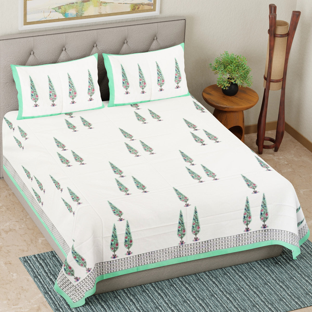 Cypress Tree Hand Block Printed Cotton Bedsheet