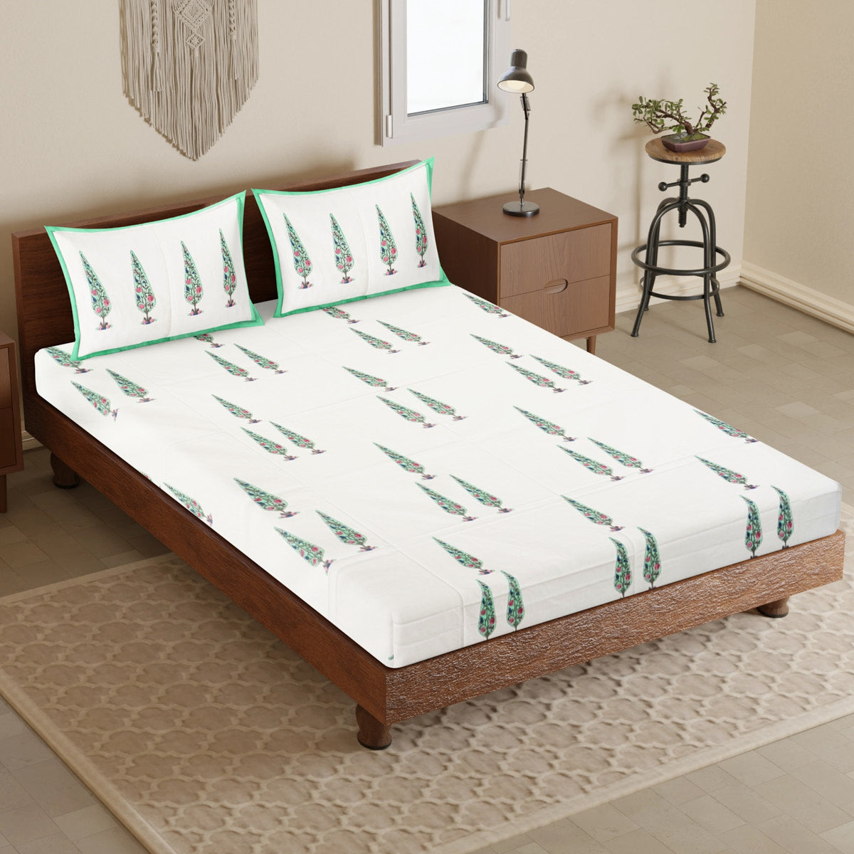 Cypress Tree Hand Block Printed Cotton Bedsheet