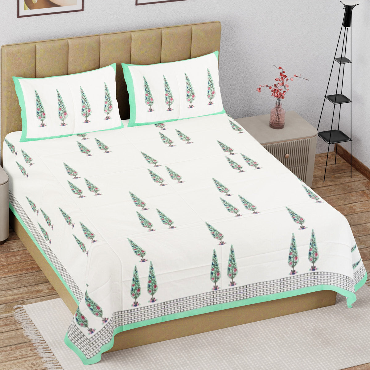 Cypress Tree Hand Block Printed Cotton Bedsheet
