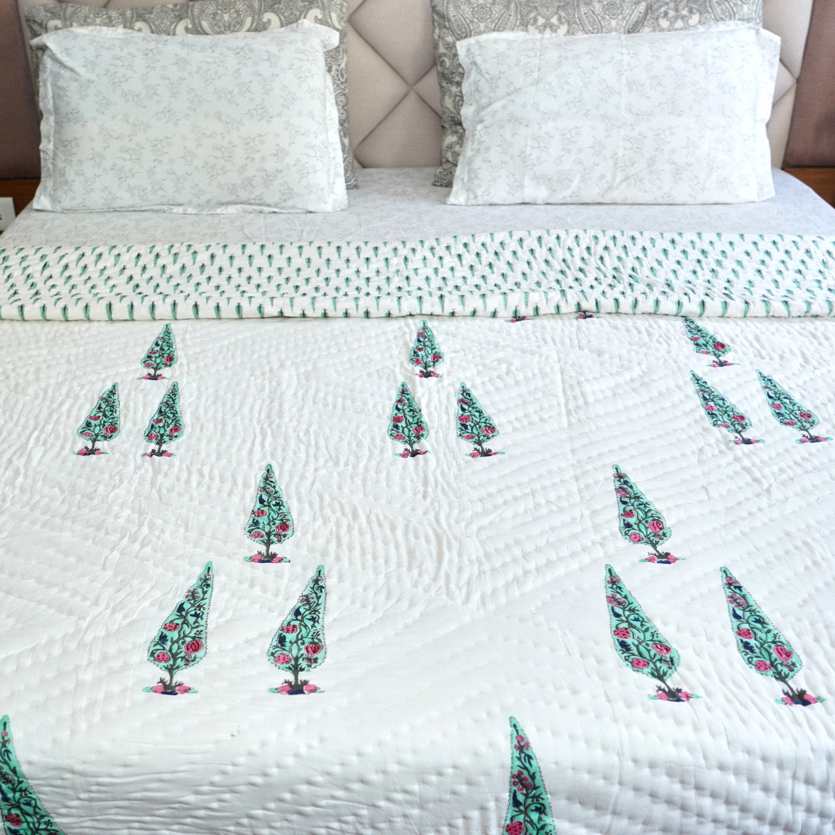 Cypress Tree Reversible Hand Block Printed Cotton Quilt