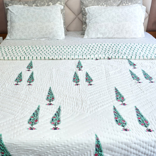 Cypress Tree Reversible Hand Block Printed Cotton Quilt
