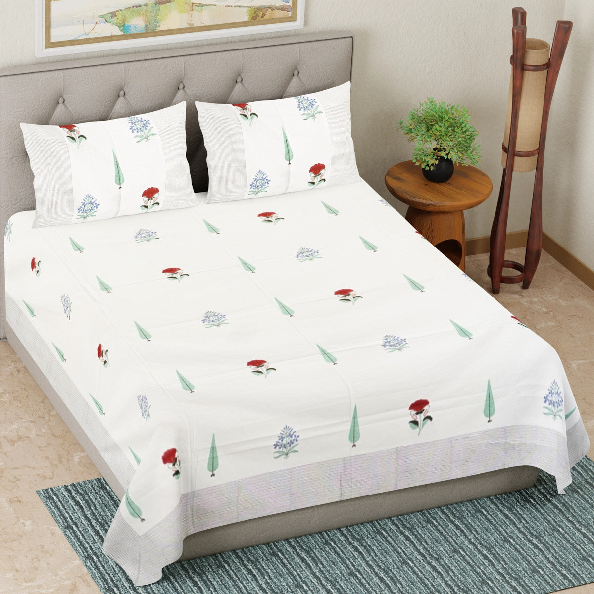 Cypress with Red Flower Hand Block Printed Cotton Bedsheet