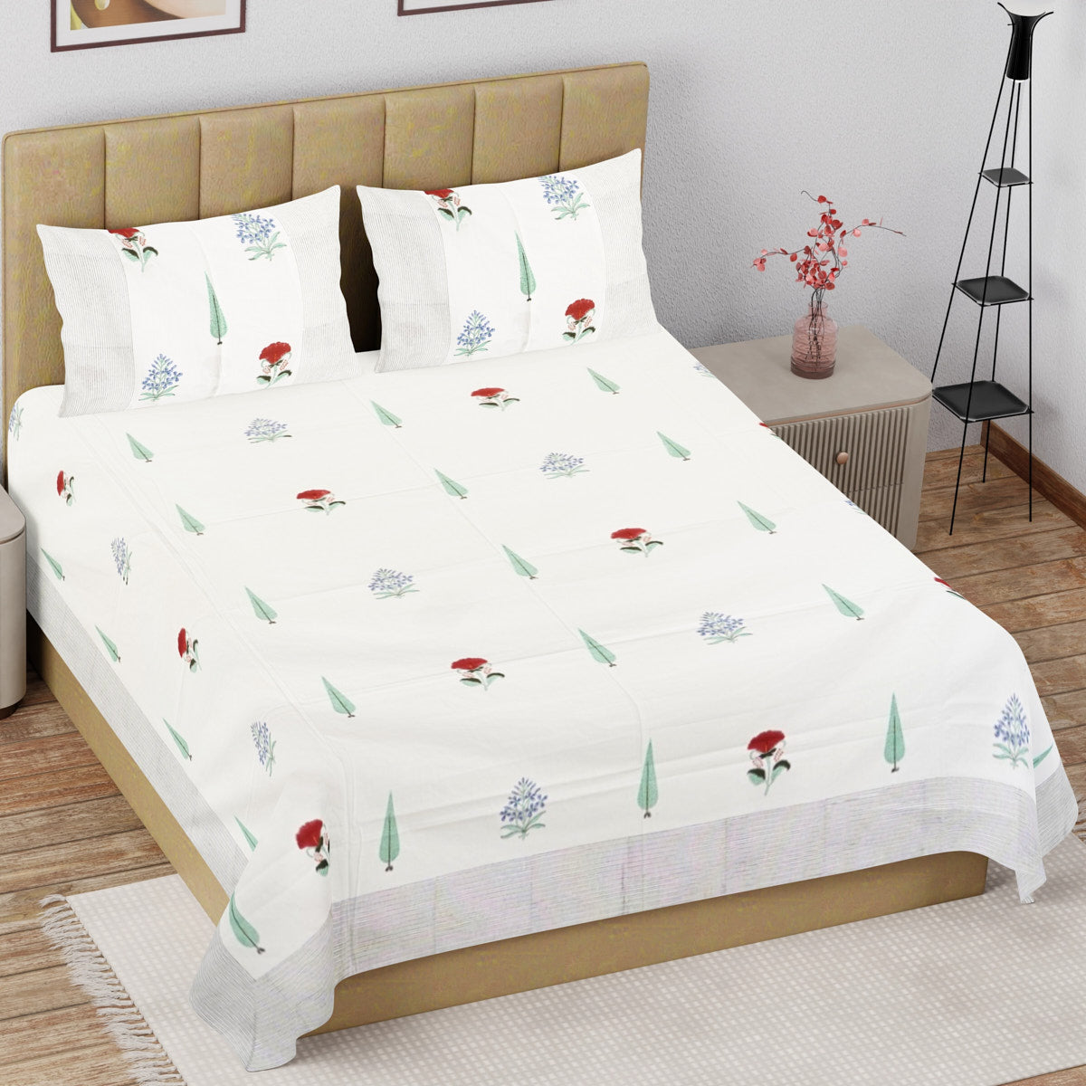 Cypress with Red Flower Hand Block Printed Cotton Bedsheet