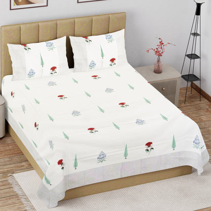 Cypress with Red Flower Hand Block Printed Cotton Bedsheet