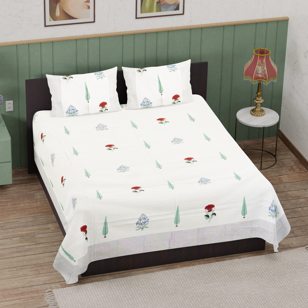 Cypress with Red Flower Hand Block Printed Cotton Bedsheet