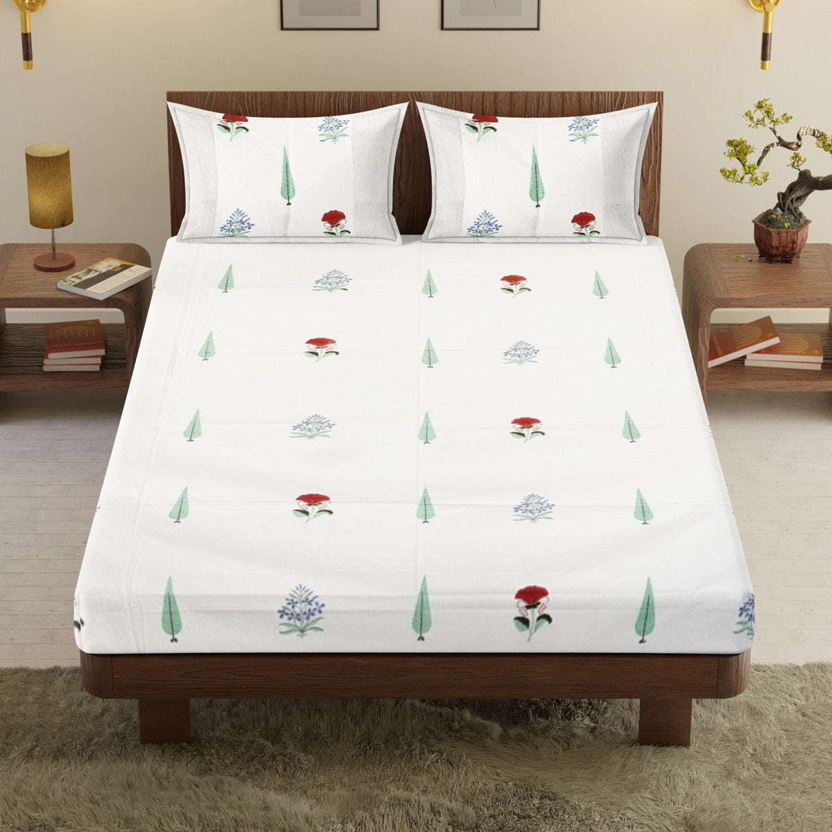Cypress with Red Flower Hand Block Printed Cotton Bedsheet