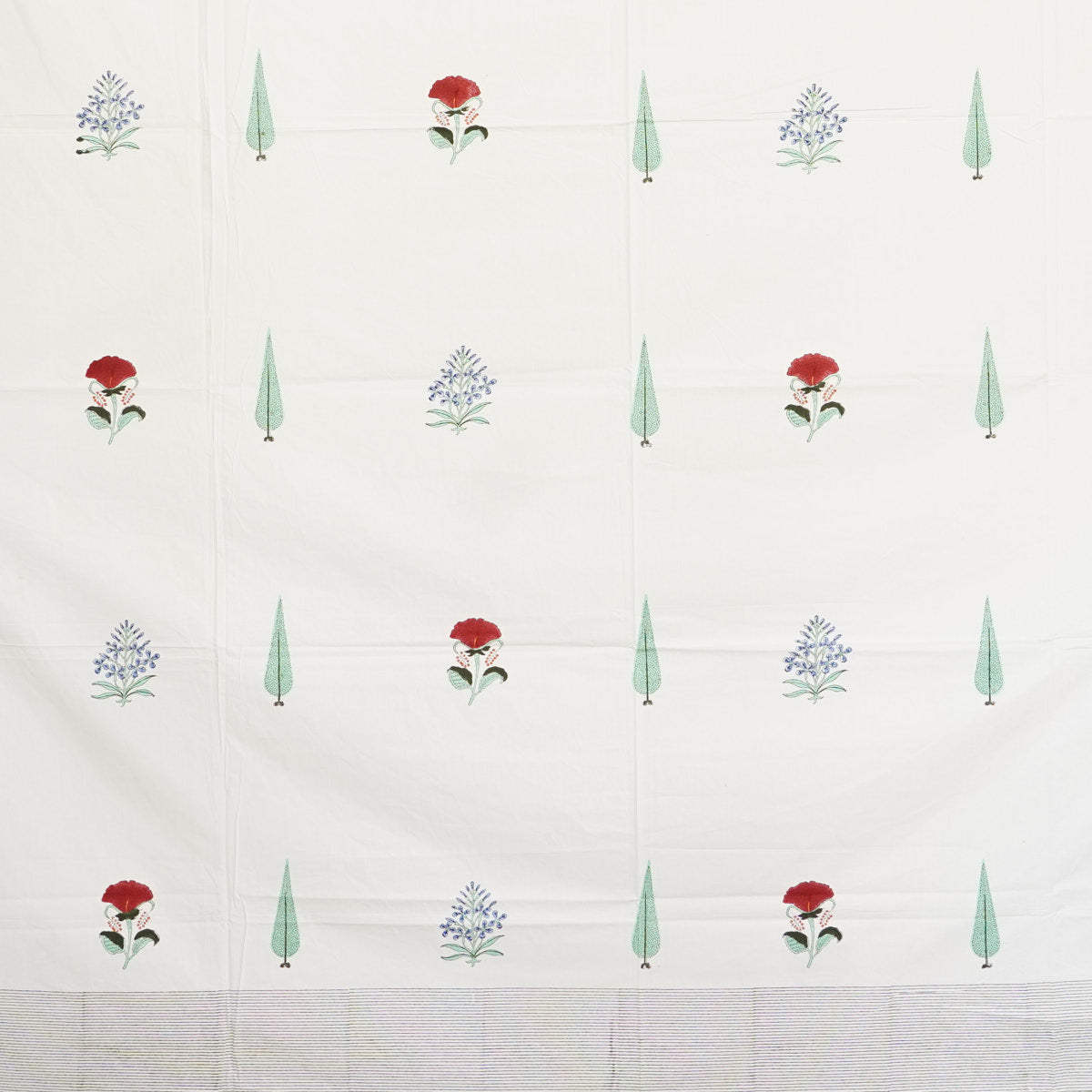 Cypress with Red Flower Hand Block Printed Cotton Bedsheet