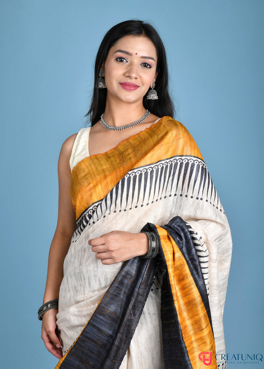 Exquisite Handwoven Pure Silk Saree with Intricate Patterns - Black and Yellow