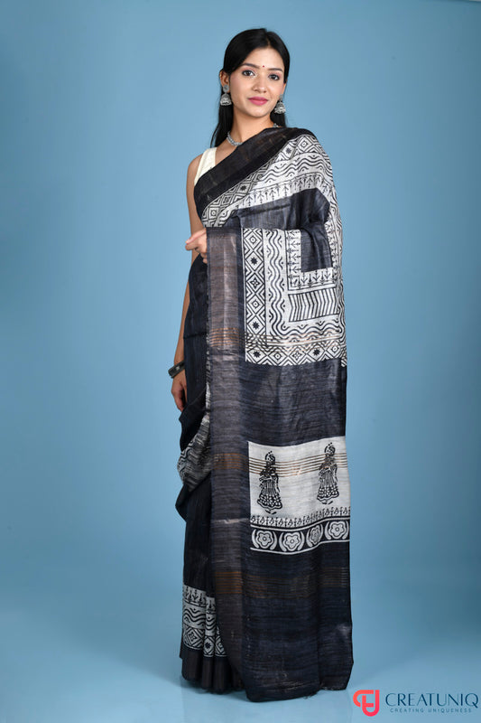 Handwoven Pure Silk Saree Adorned with Dancer Motif - Black