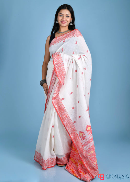 Off-White Kota Cotton Saree with Rich Red Banarasi Accents