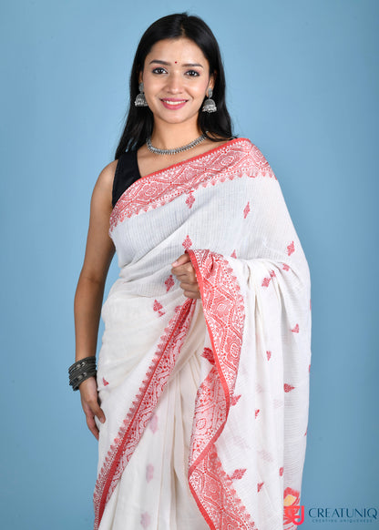 Off-White Kota Cotton Saree with Rich Red Banarasi Accents