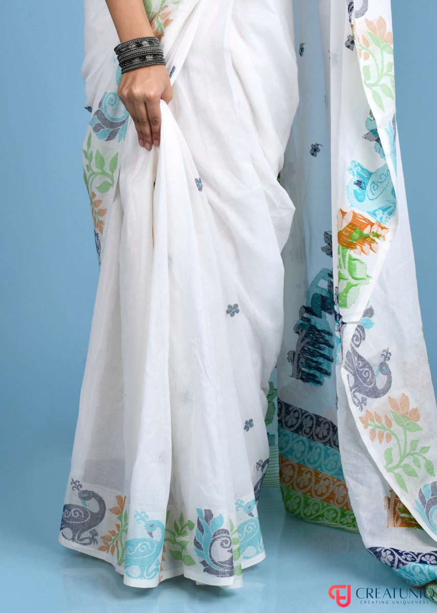 Pure Cotton Off White With Floral Design and Peacock Motif