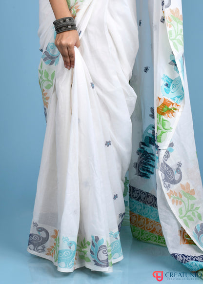 Pure Cotton Off White With Floral Design and Peacock Motif