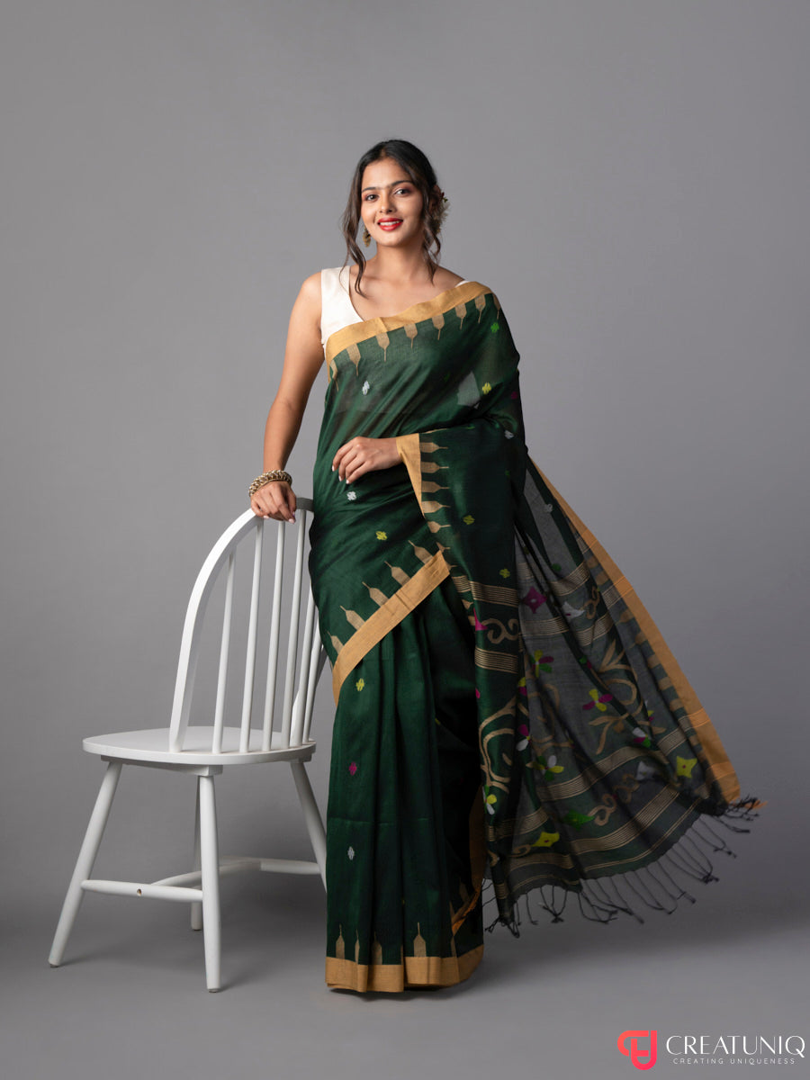 Dark Green Floral Jamdani Saree in Pure Cotton