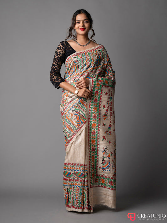 Divine Durga: Hand-Painted Madhubani Saree on Pure Silk