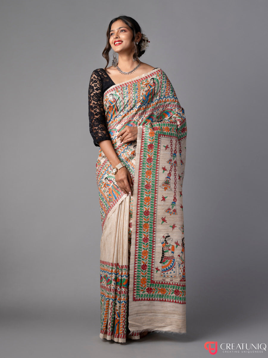 Divine Durga: Hand-Painted Madhubani Saree on Pure Silk