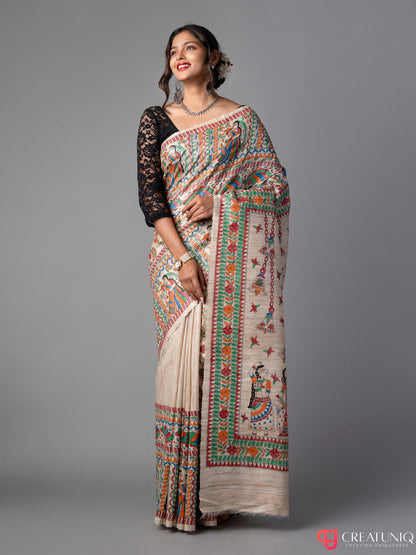 Divine Durga: Hand-Painted Madhubani Saree on Pure Silk