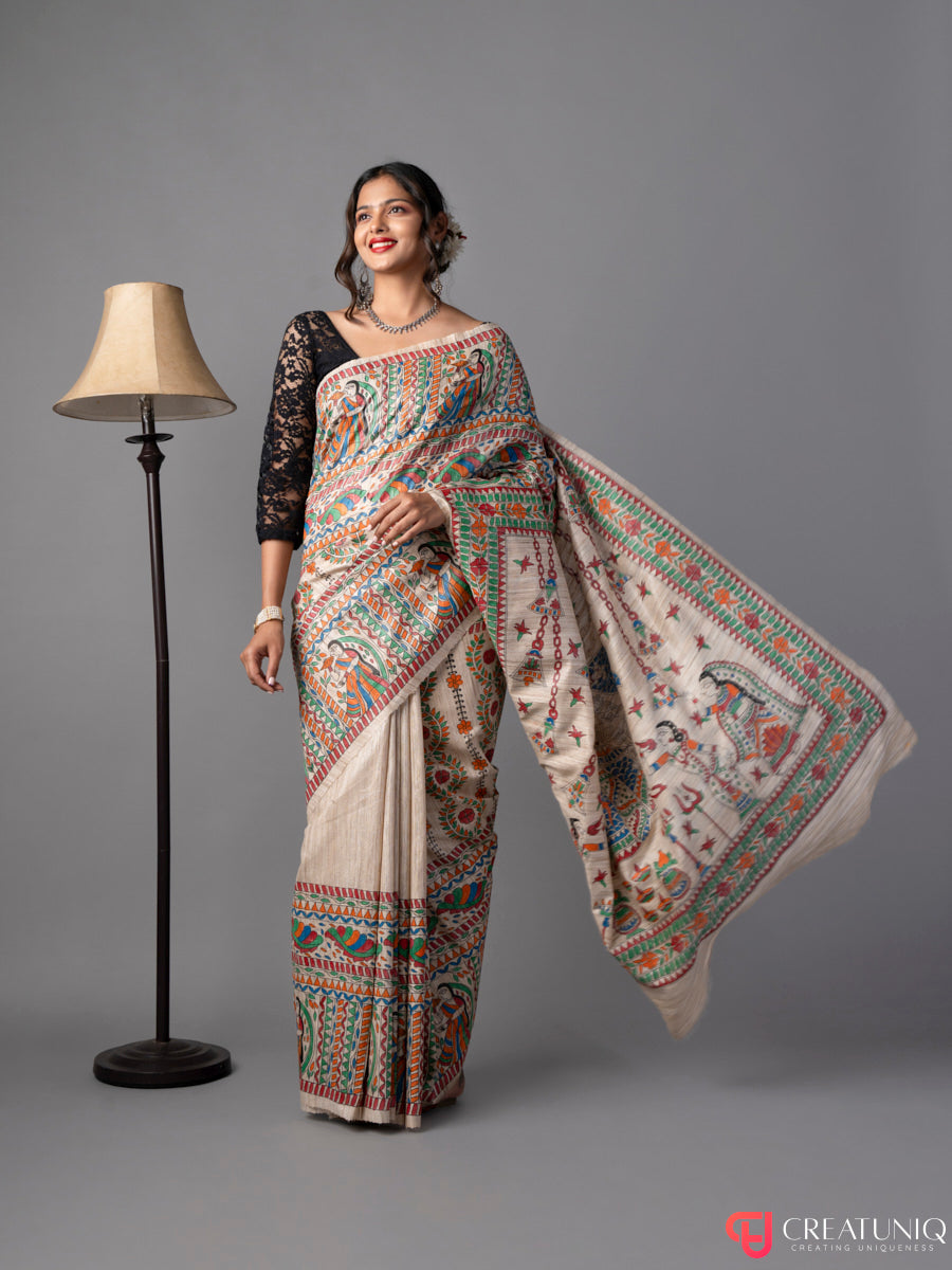 Divine Durga: Hand-Painted Madhubani Saree on Pure Silk