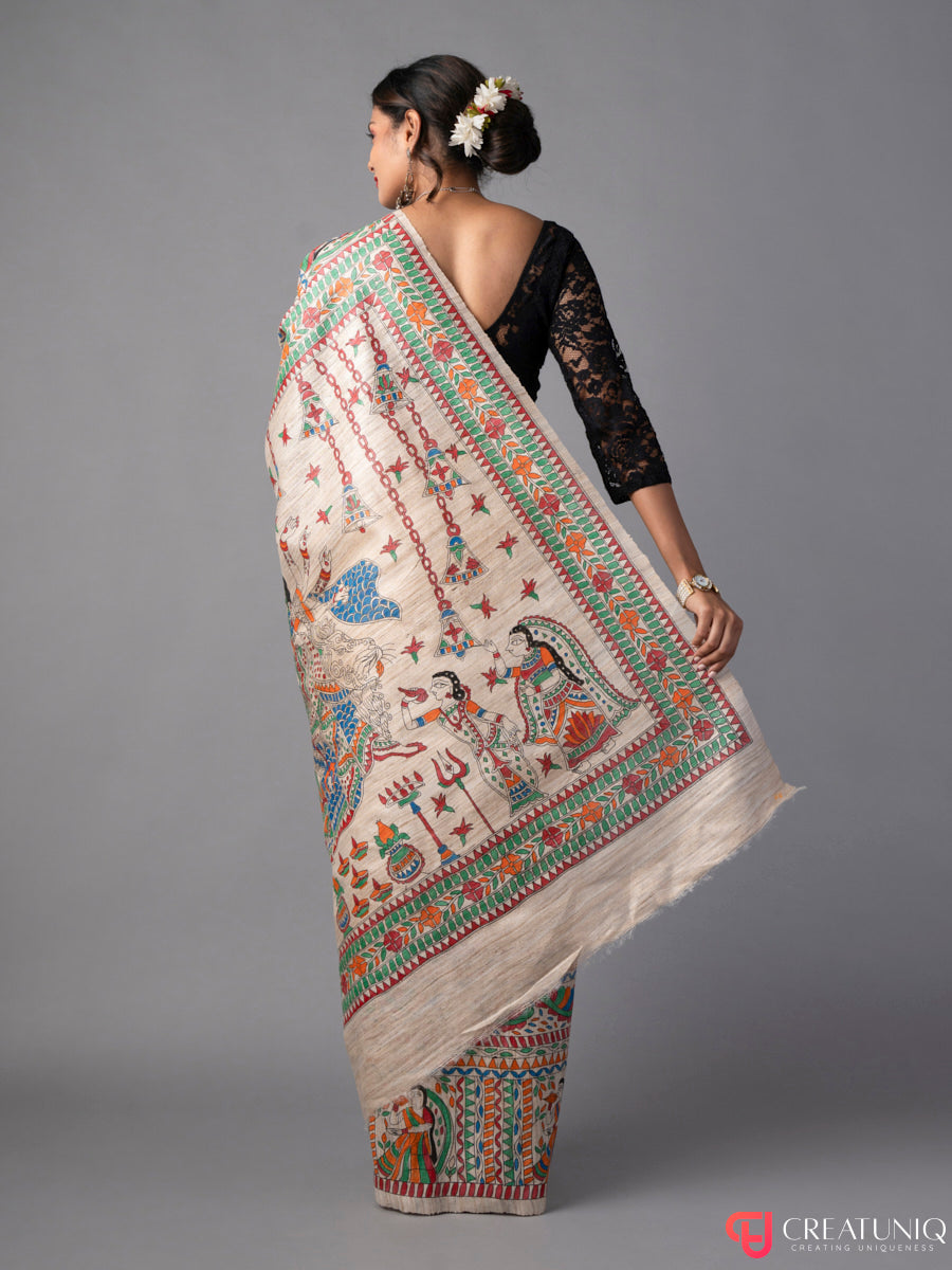 Divine Durga: Hand-Painted Madhubani Saree on Pure Silk