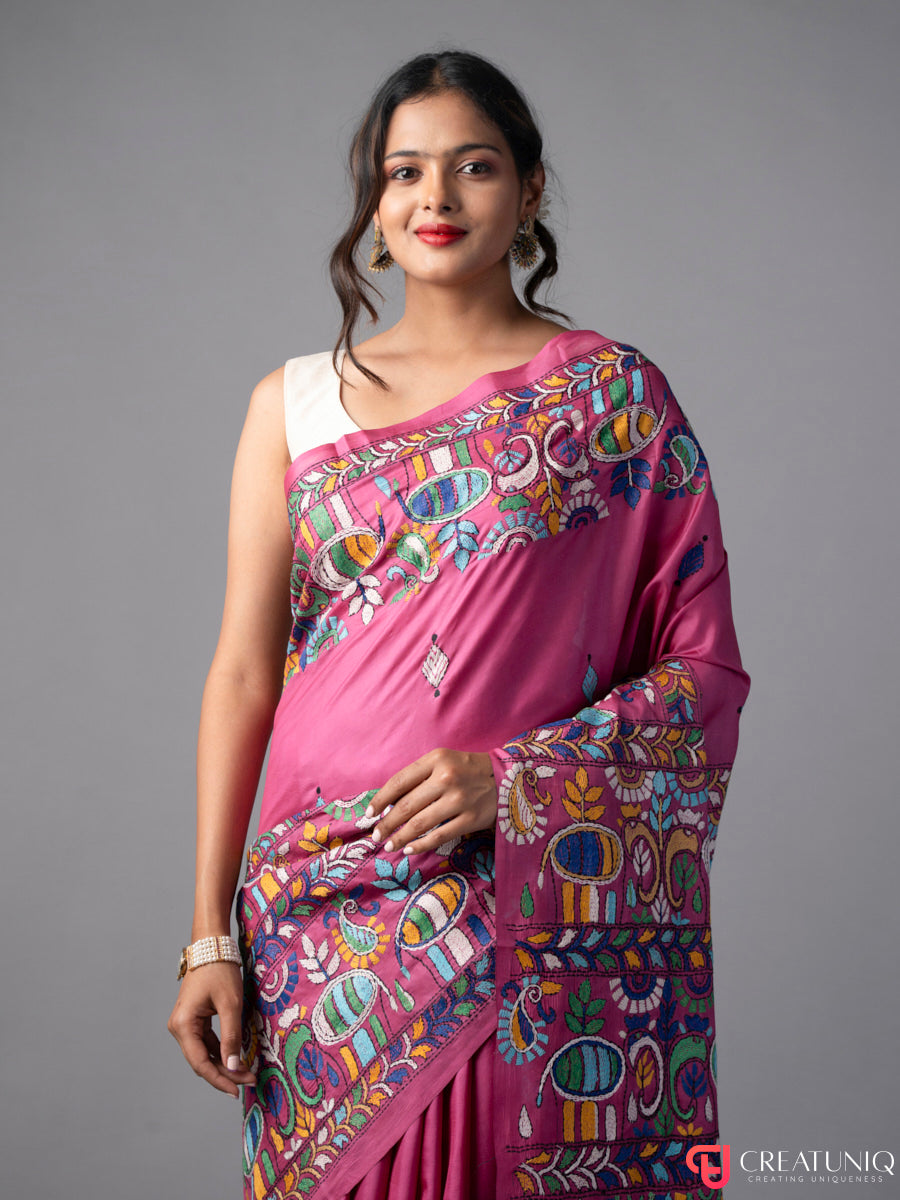 Elephant Tales Kantha Embroidered Pink Silk Saree